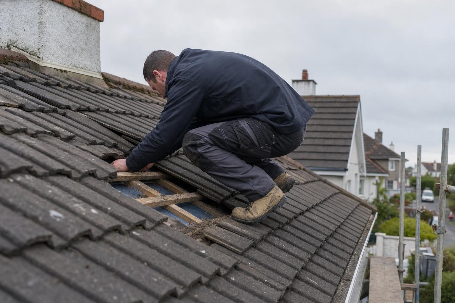 Roof Repairs Limerick team member working on a tiled roof in Limerick