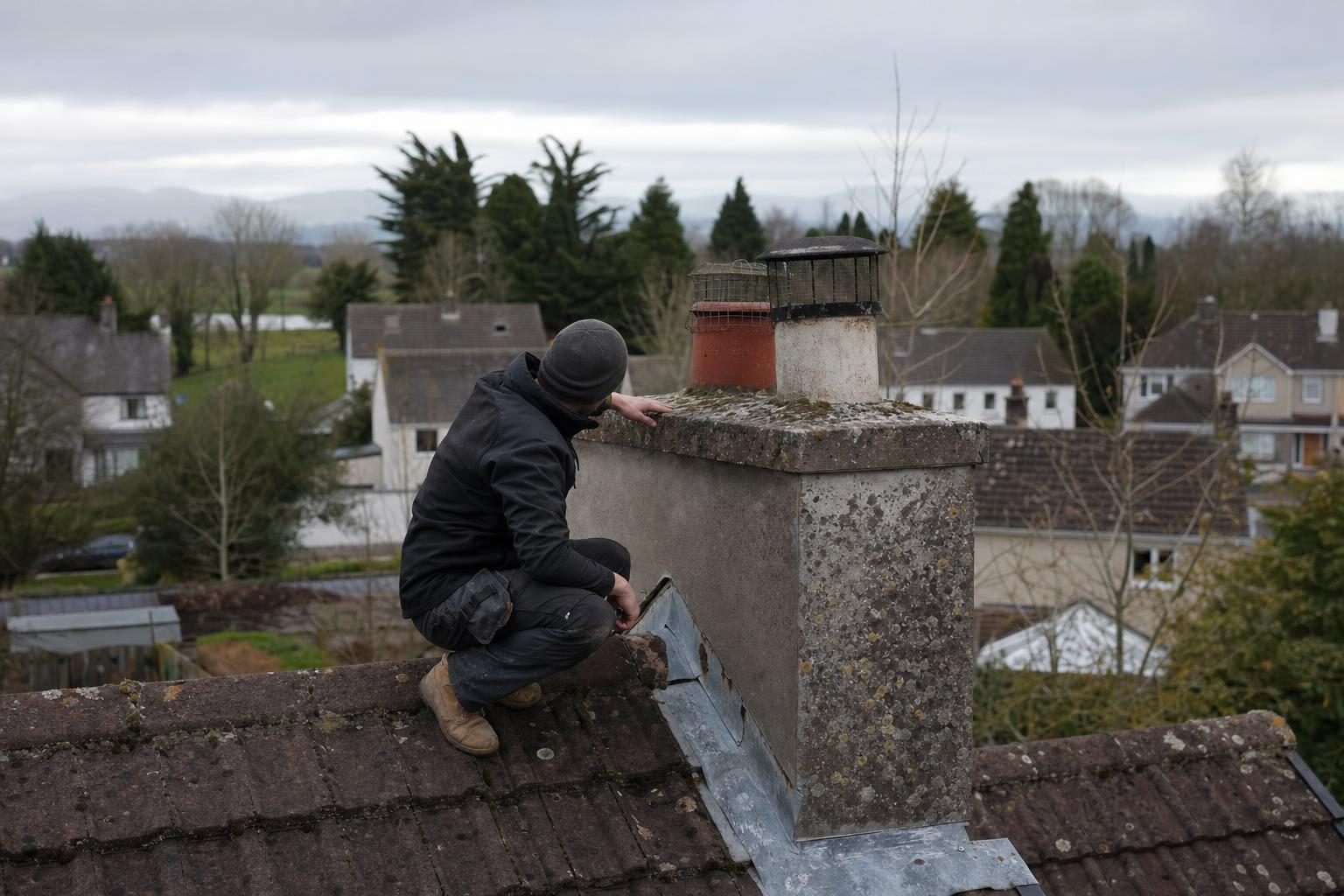 Roofer inspecting a chimney stack on a Limerick property