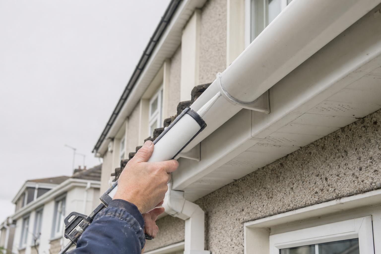 Close-up of a uPVC gutter being resealed at a joint on a Limerick semi-detached house