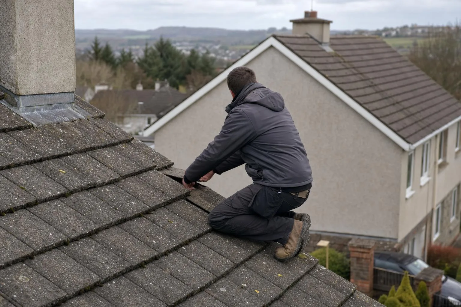 Local roofer inspecting roof tiles on a Limerick house