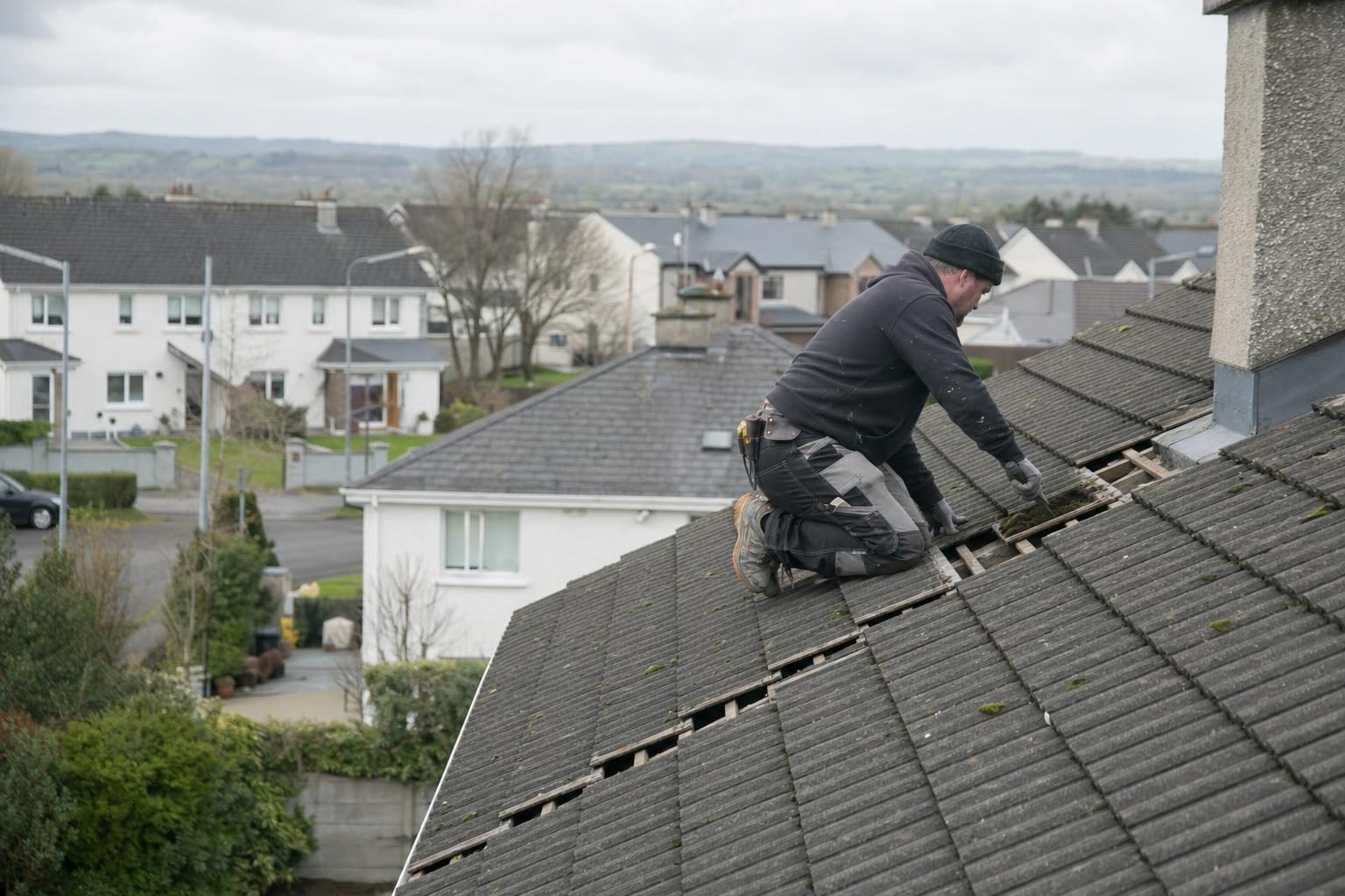 Roofer working on a tiled roof in a Castletroy housing estate