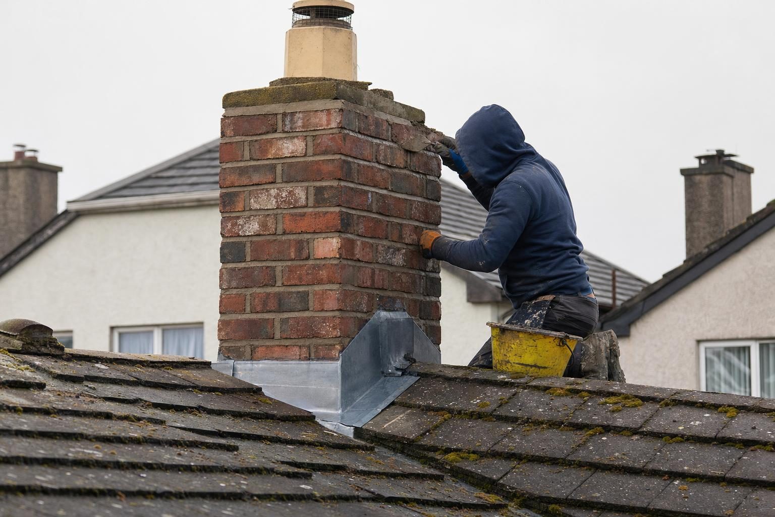 Chimney repointing and flashing repair on a Limerick home