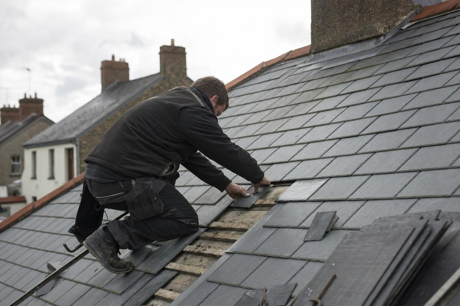 Roofer replacing broken slates on a Limerick roof