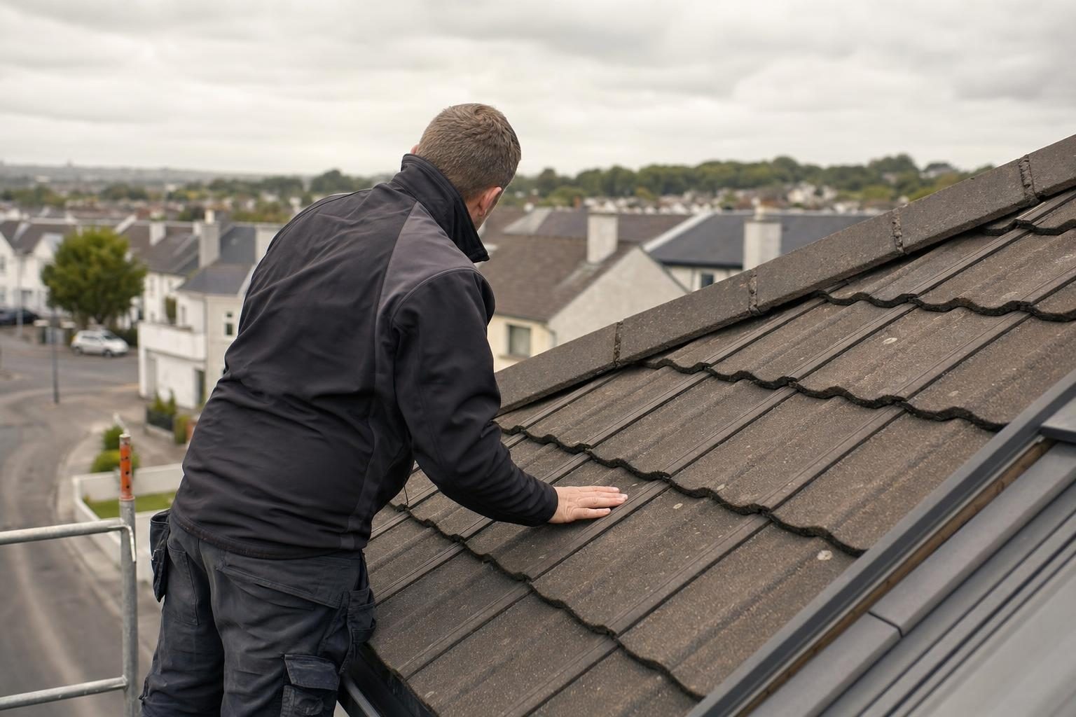 Roofer inspecting roof tiles on a Limerick property before quoting