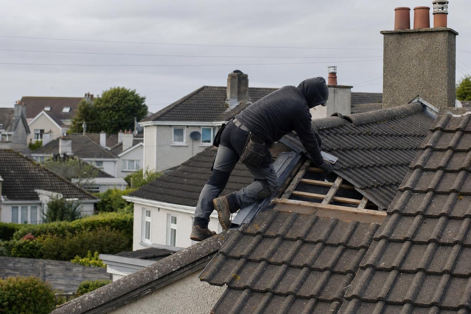 Roofer carrying out a roof repair on a Limerick home